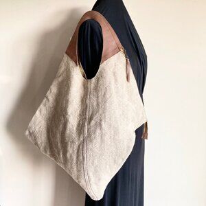 Natural Jute Leather Shoulder Bag Lined Zip Closure Slouchy Carryall Tote Bag